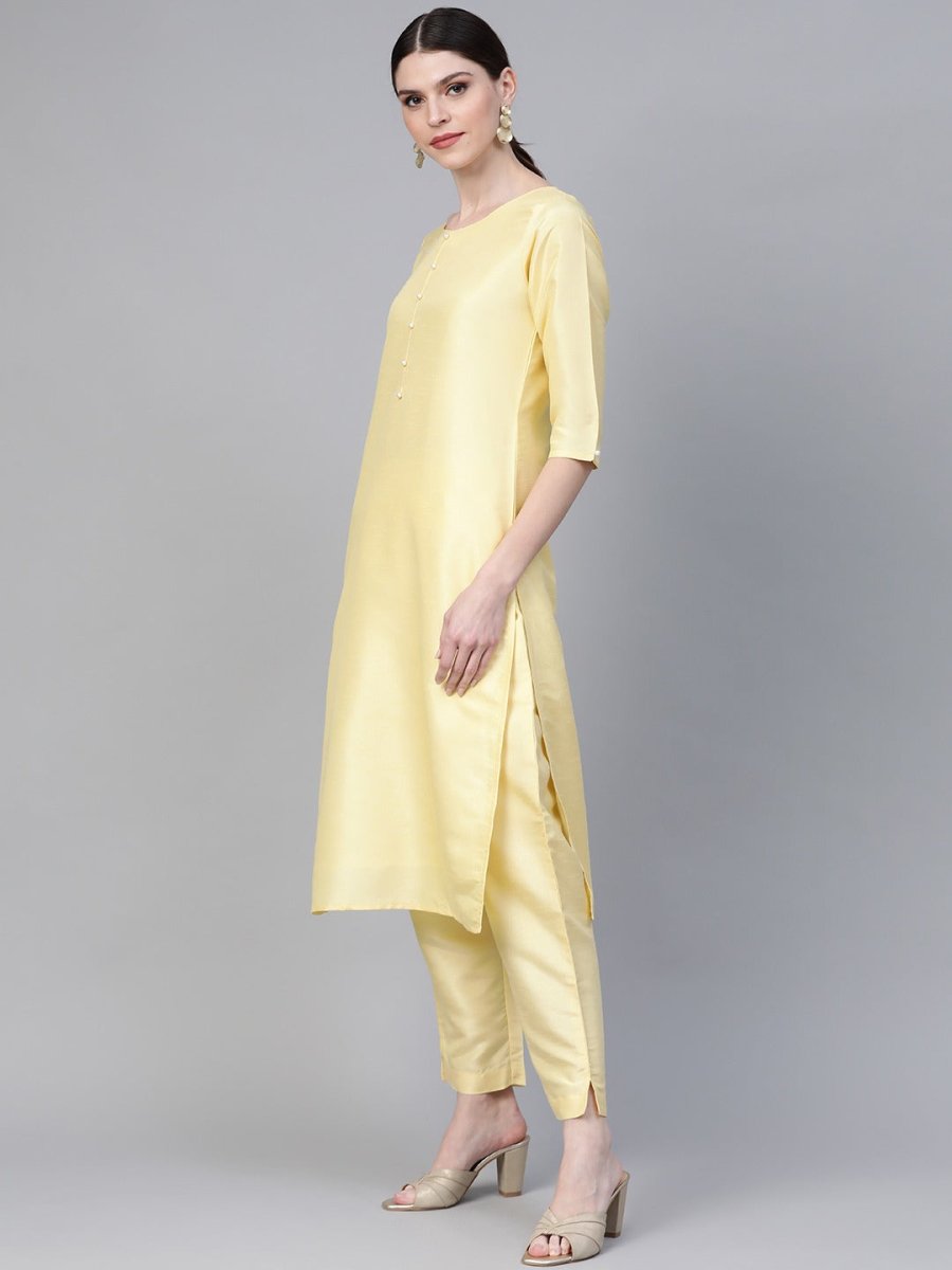 Ahalyaa Yellow & Pink Solid Kurta with Trousers & Floral Dupatta