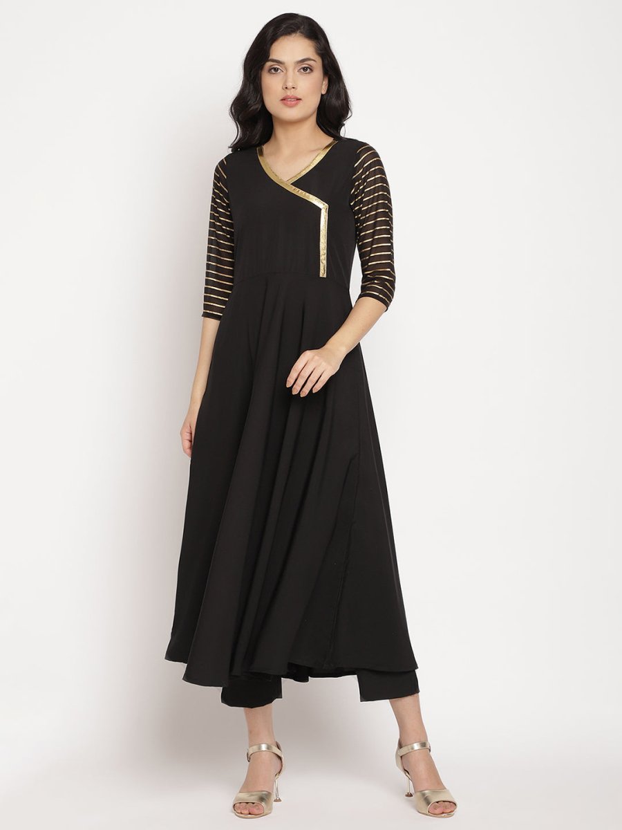 Ahalyaa Women Black Printed Angrakha Kurta With Trousers & Dupatta
