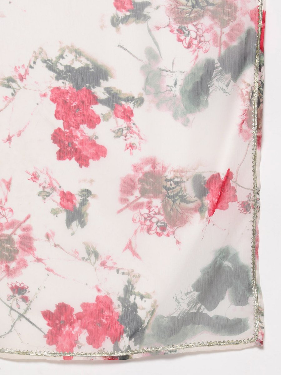 Ahalyaa Women Off White Floral Empire Gotta Patti Kurta with Trousers & With Dupatta