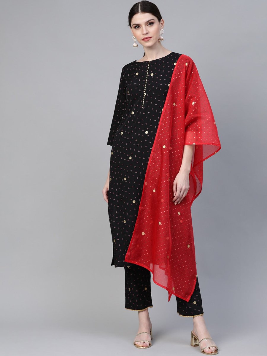 Ahalyaa Black & Pink Bandhani Khari Printed Kurta with Trousers & Dupatta