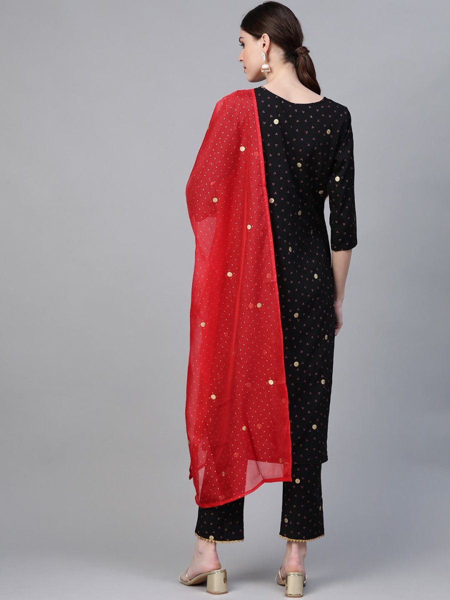 Ahalyaa Black & Pink Bandhani Khari Printed Kurta with Trousers & Dupatta