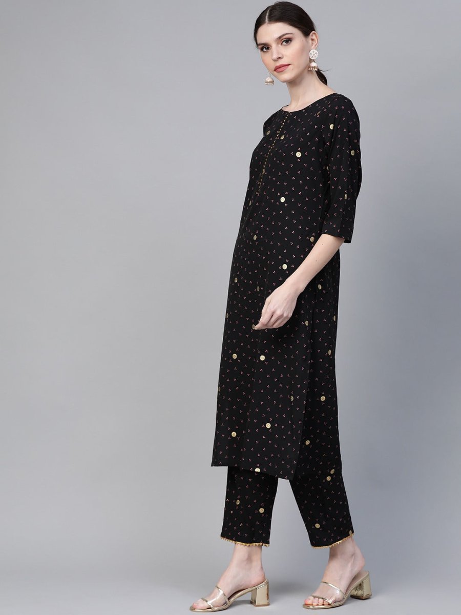 Ahalyaa Black & Pink Bandhani Khari Printed Kurta with Trousers & Dupatta
