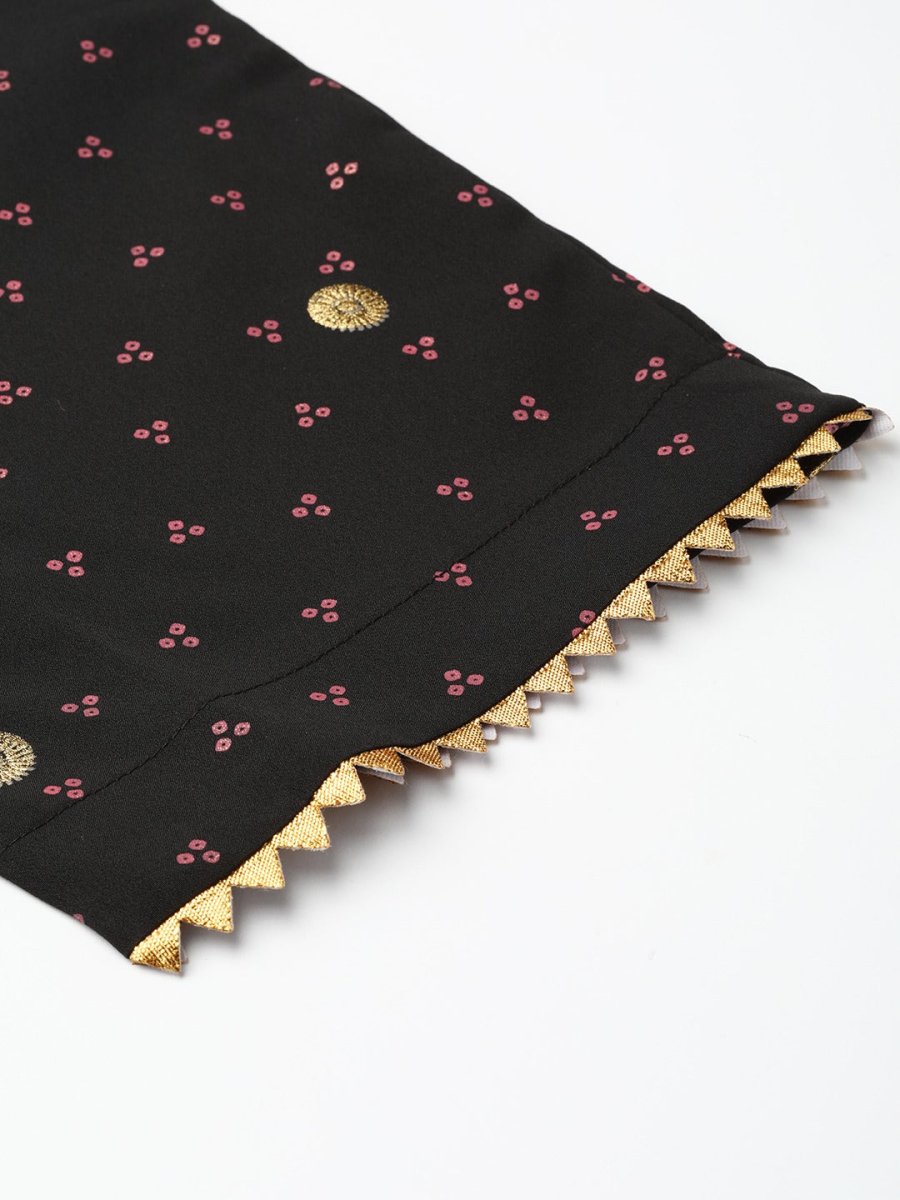 Ahalyaa Black & Pink Bandhani Khari Printed Kurta with Trousers & Dupatta
