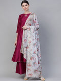Ahalyaa Magenta & Grey Solid Anarkali Kurta with Palazzos & Floral Dupatta