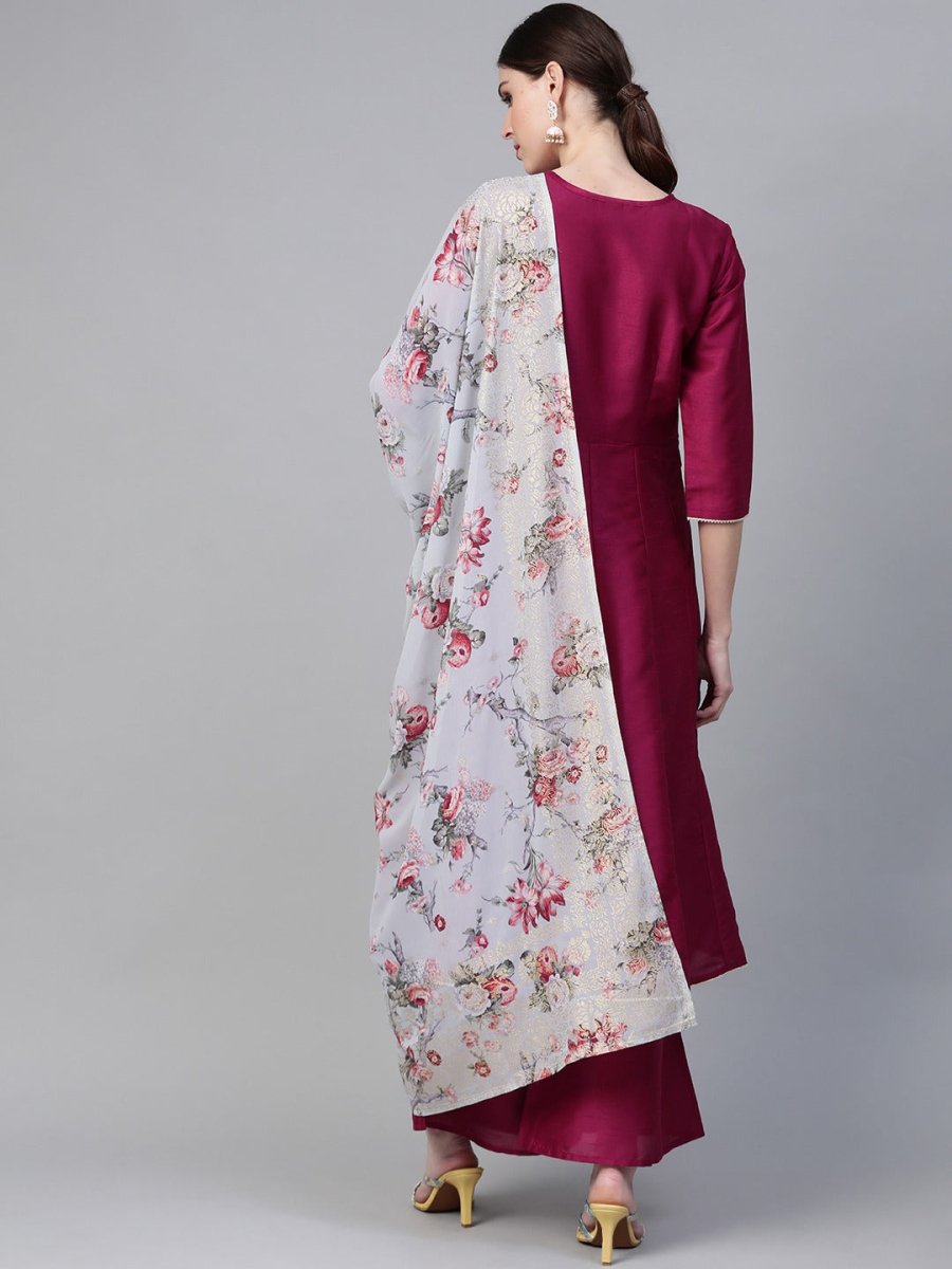 Ahalyaa Magenta & Grey Solid Anarkali Kurta with Palazzos & Floral Dupatta
