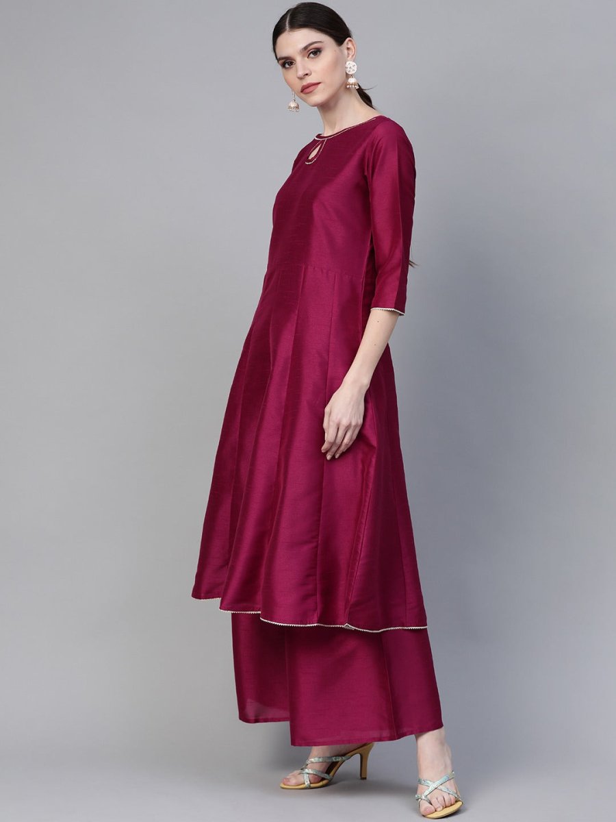 Ahalyaa Magenta & Grey Solid Anarkali Kurta with Palazzos & Floral Dupatta