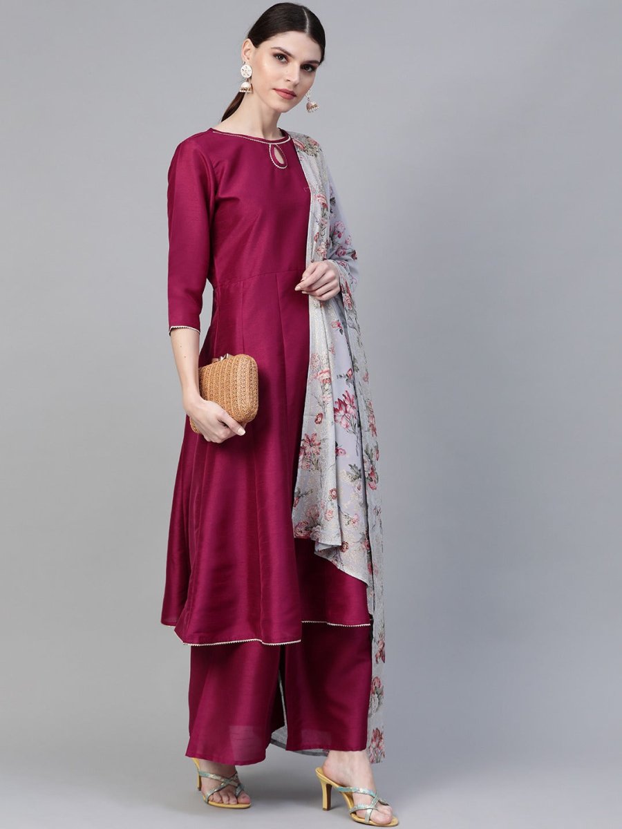 Ahalyaa Magenta & Grey Solid Anarkali Kurta with Palazzos & Floral Dupatta