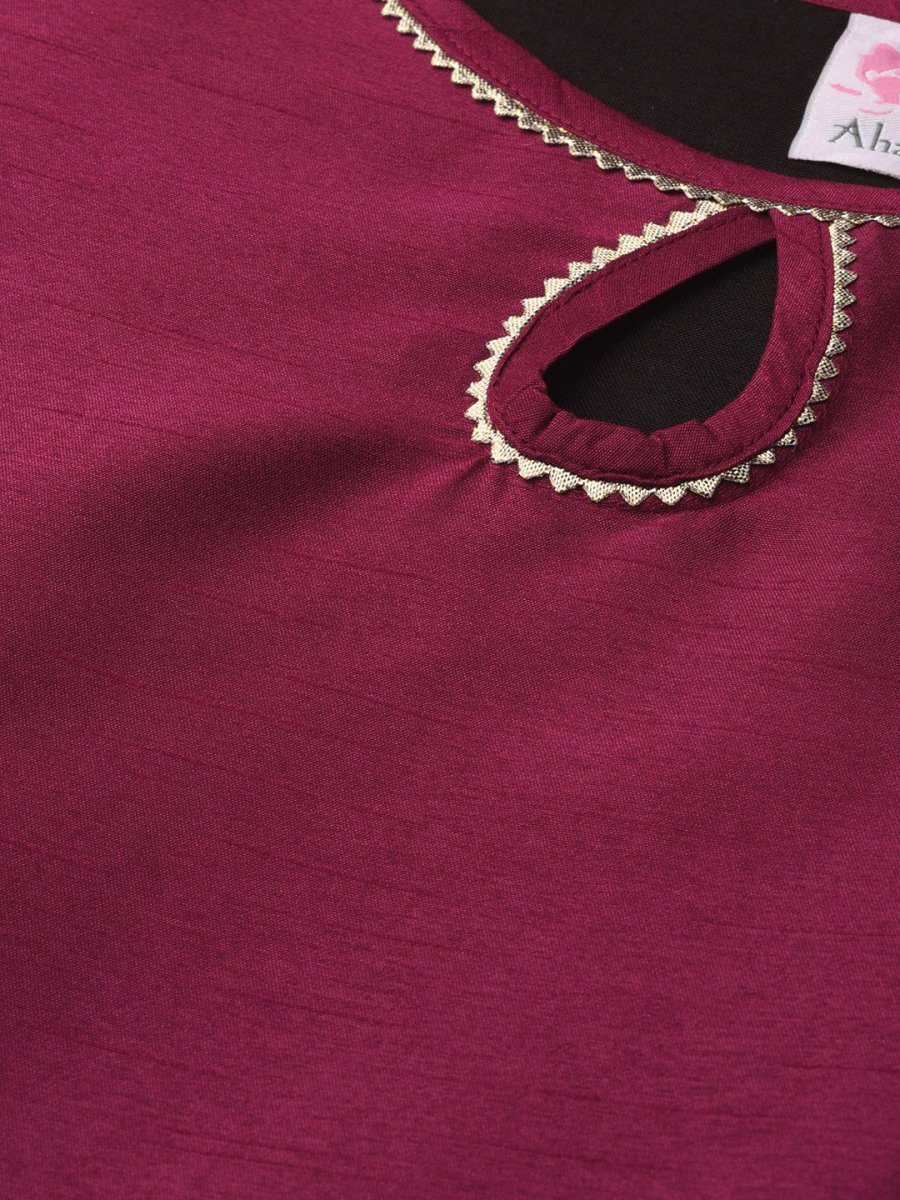 Ahalyaa Magenta & Grey Solid Anarkali Kurta with Palazzos & Floral Dupatta