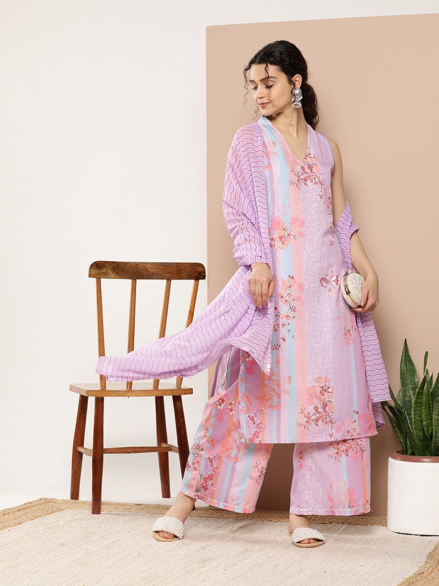 Ahalyaa Women Lavender Floral Printed Gotta Patti Kurta with Palazzos & With Dupatta