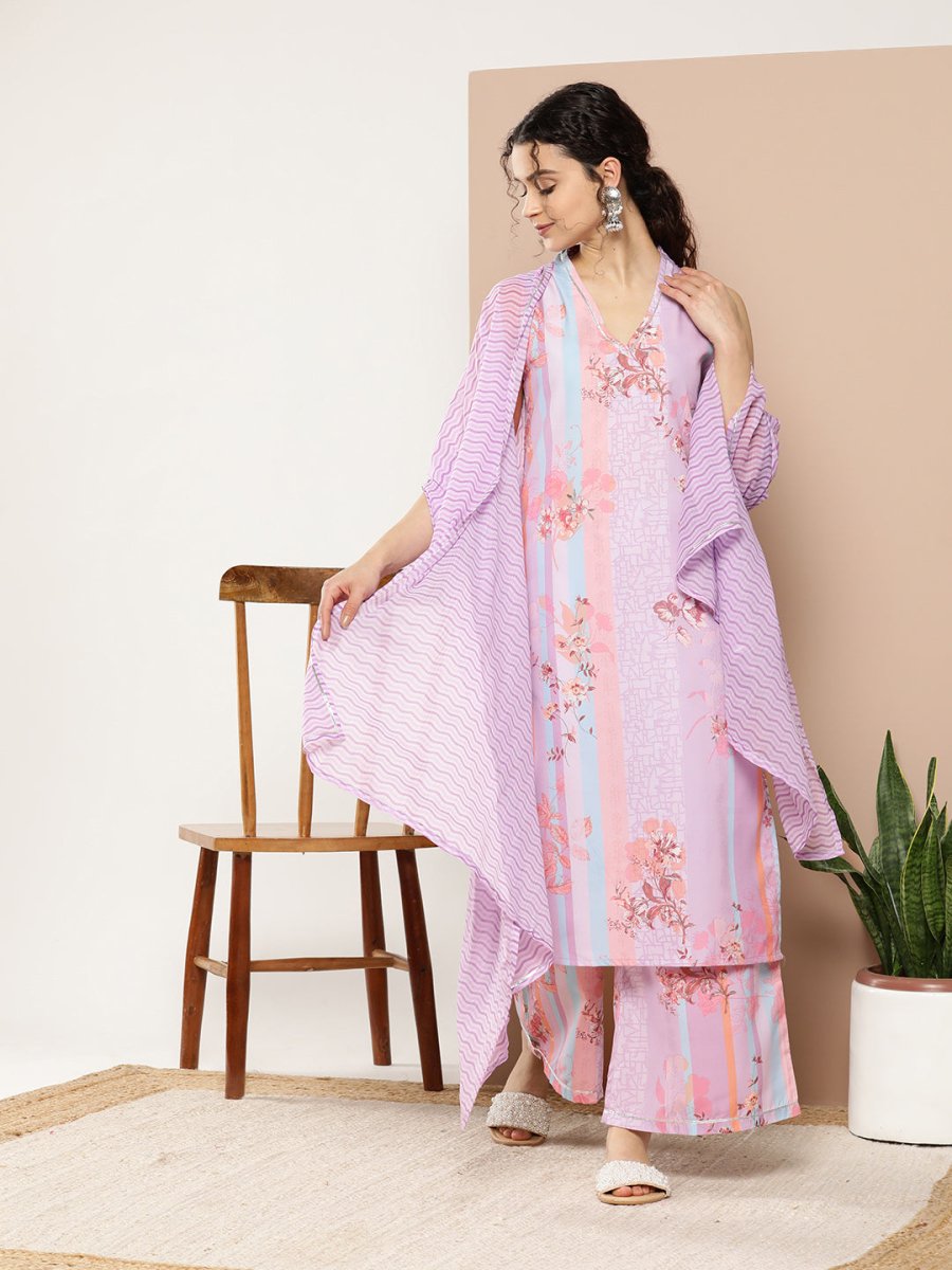 Ahalyaa Women Lavender Floral Printed Gotta Patti Kurta with Palazzos & With Dupatta