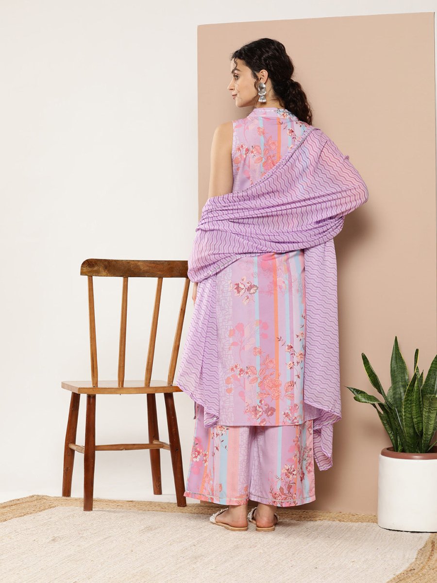 Ahalyaa Women Lavender Floral Printed Gotta Patti Kurta with Palazzos & With Dupatta