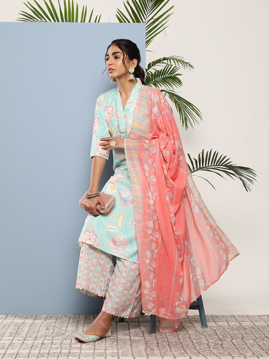 Ahalyaa Women Blue Floral Printed Gotta Patti Kurta with Palazzos & With Dupatta