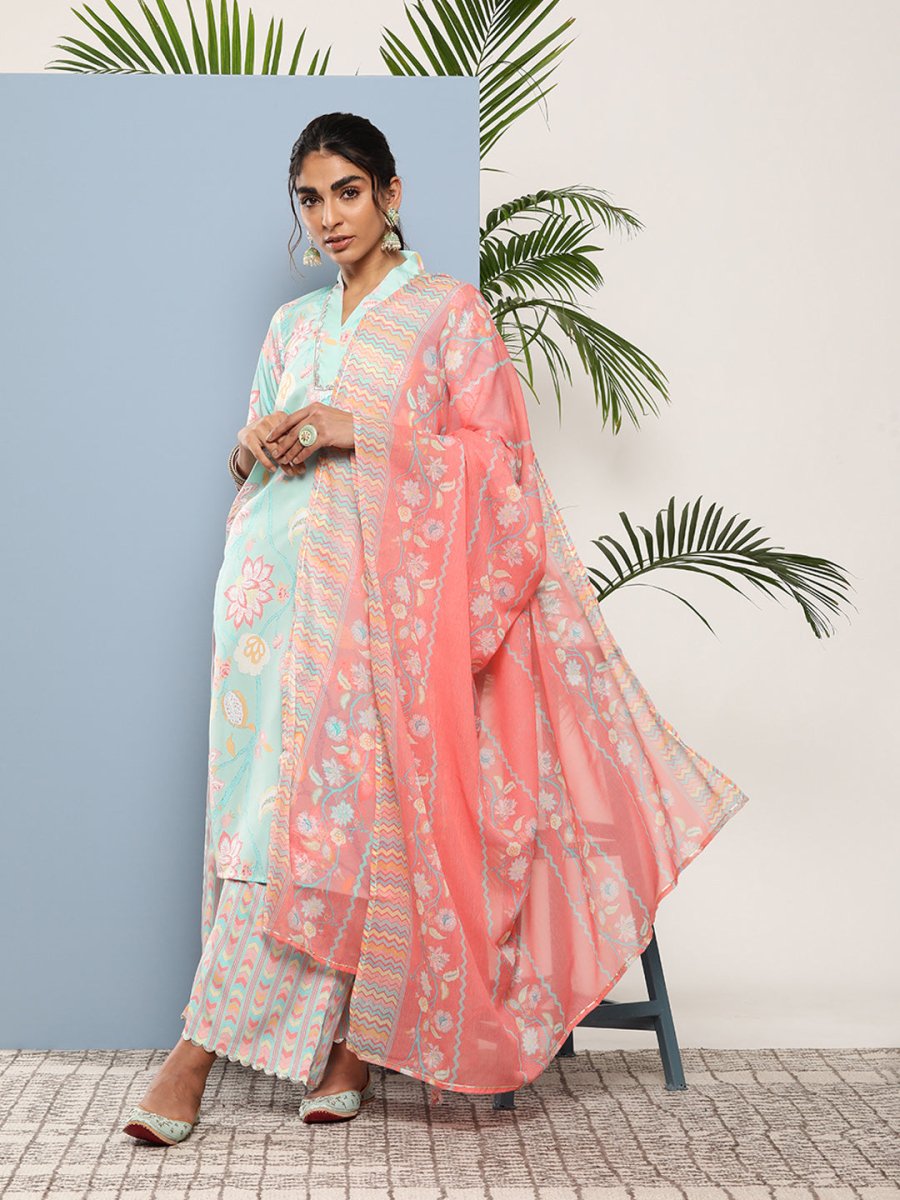 Ahalyaa Women Blue Floral Printed Gotta Patti Kurta with Palazzos & With Dupatta