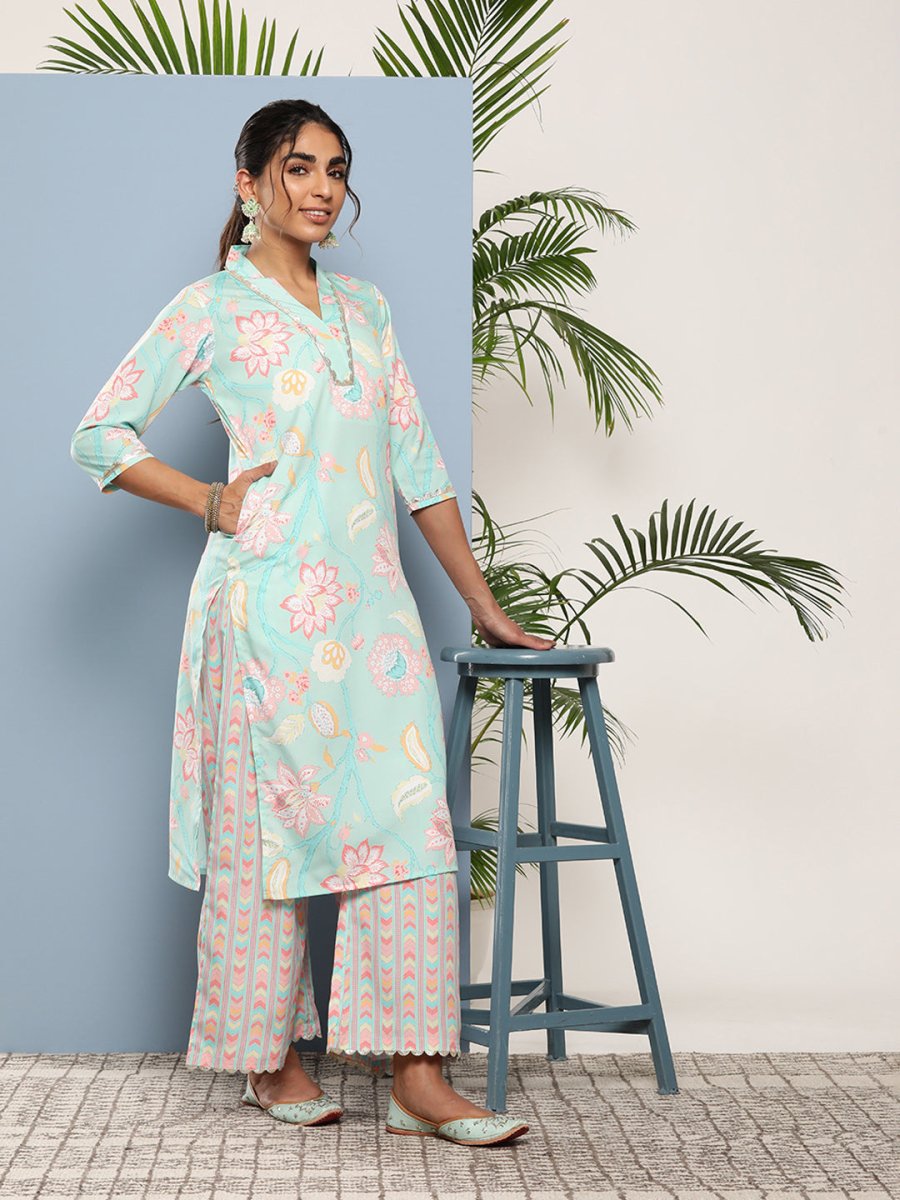 Ahalyaa Women Blue Floral Printed Gotta Patti Kurta with Palazzos & With Dupatta