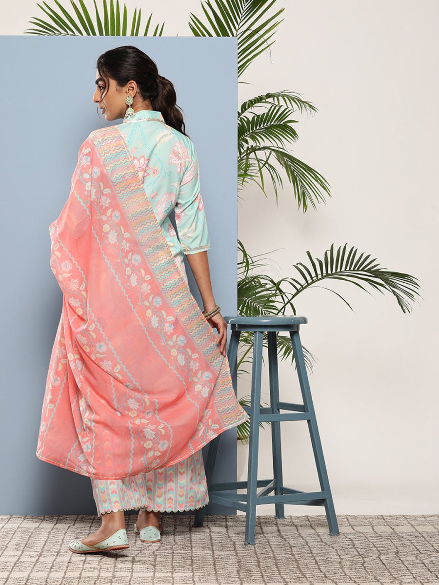 Ahalyaa Women Blue Floral Printed Gotta Patti Kurta with Palazzos & With Dupatta