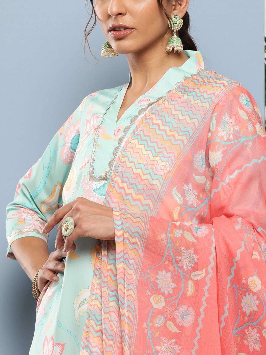 Ahalyaa Women Blue Floral Printed Gotta Patti Kurta with Palazzos & With Dupatta