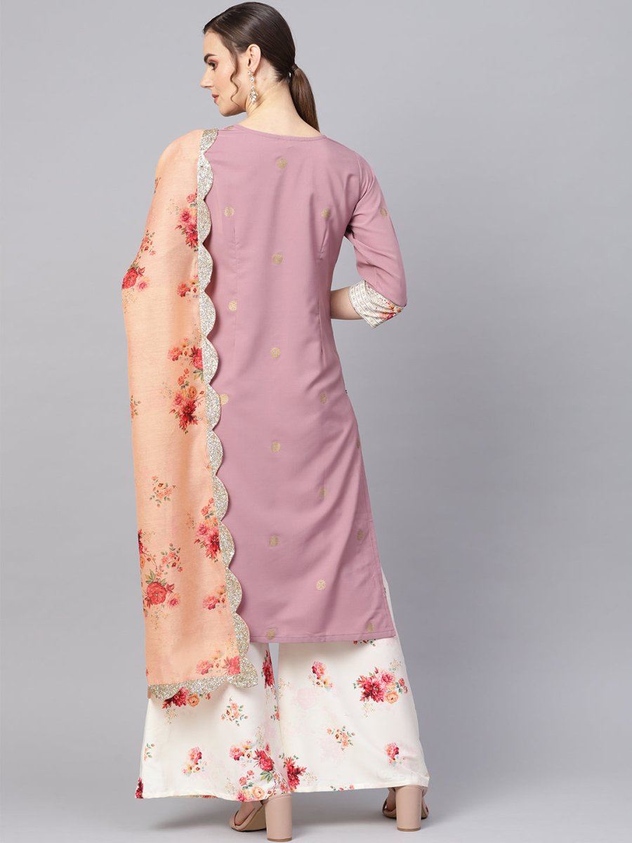 Ahalyaa Women Mauve & Cream-Coloured Printed Kurta with Palazzos & Dupatta