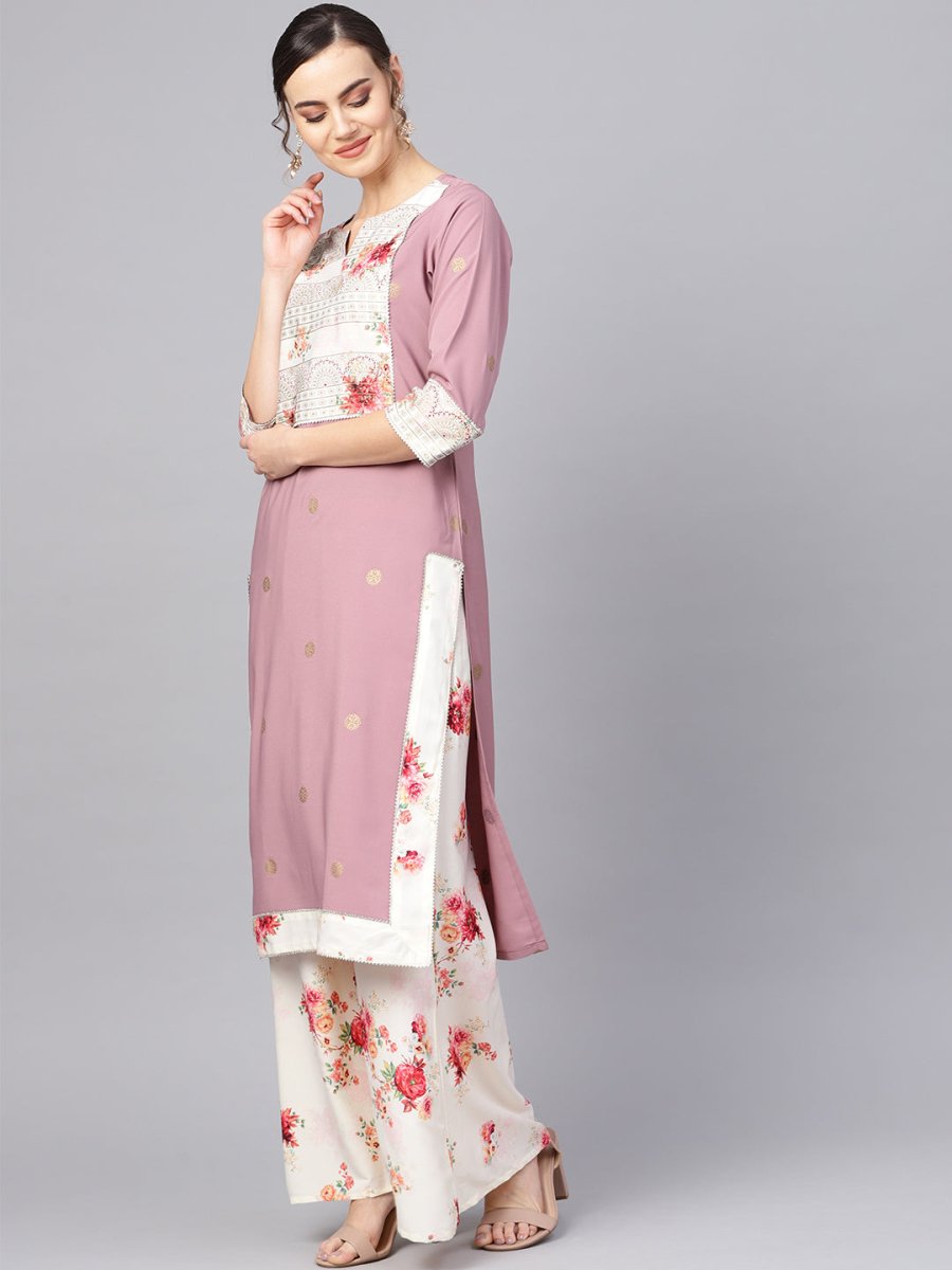 Ahalyaa Women Mauve & Cream-Coloured Printed Kurta with Palazzos & Dupatta