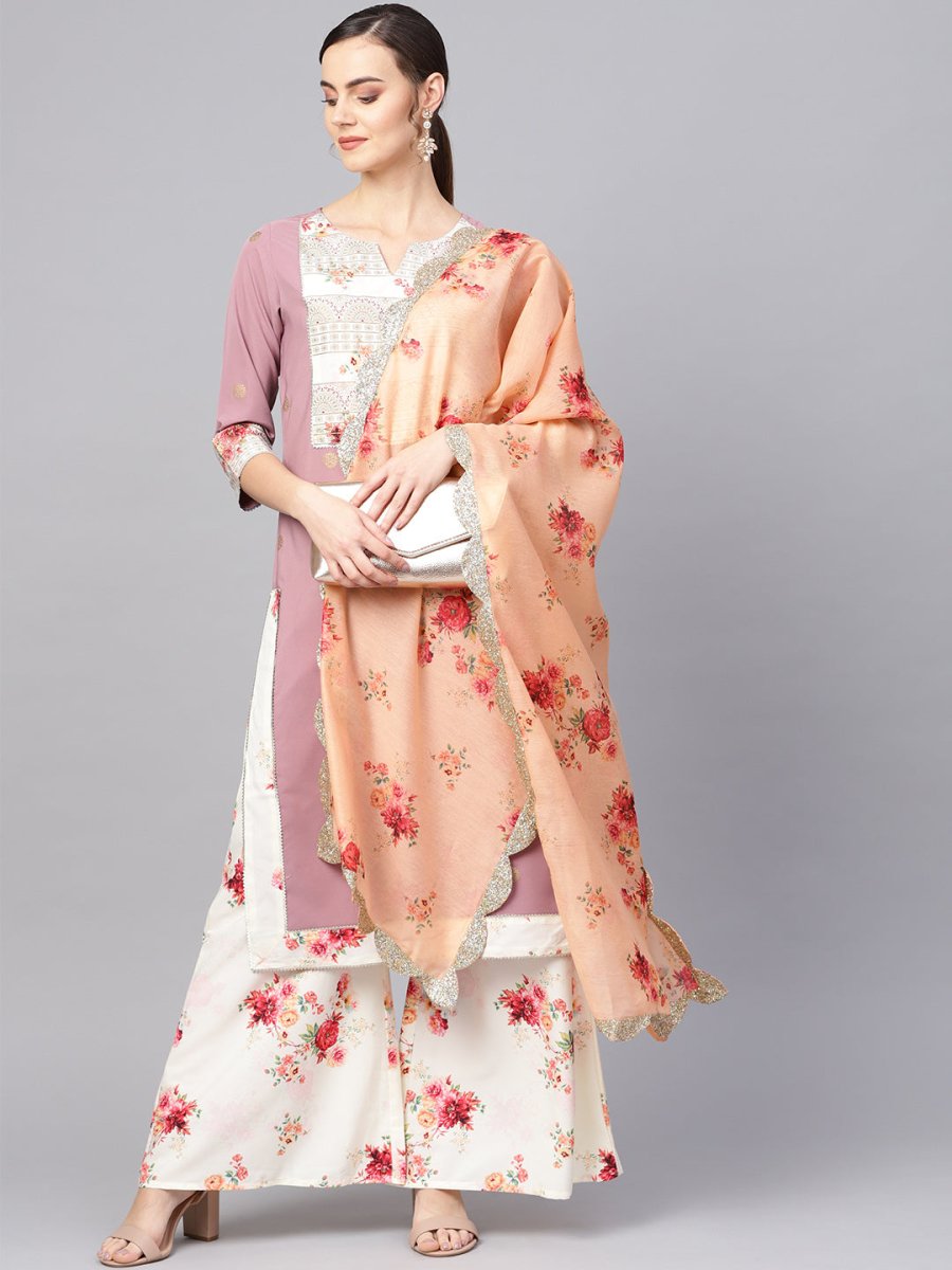 Ahalyaa Women Mauve & Cream-Coloured Printed Kurta with Palazzos & Dupatta
