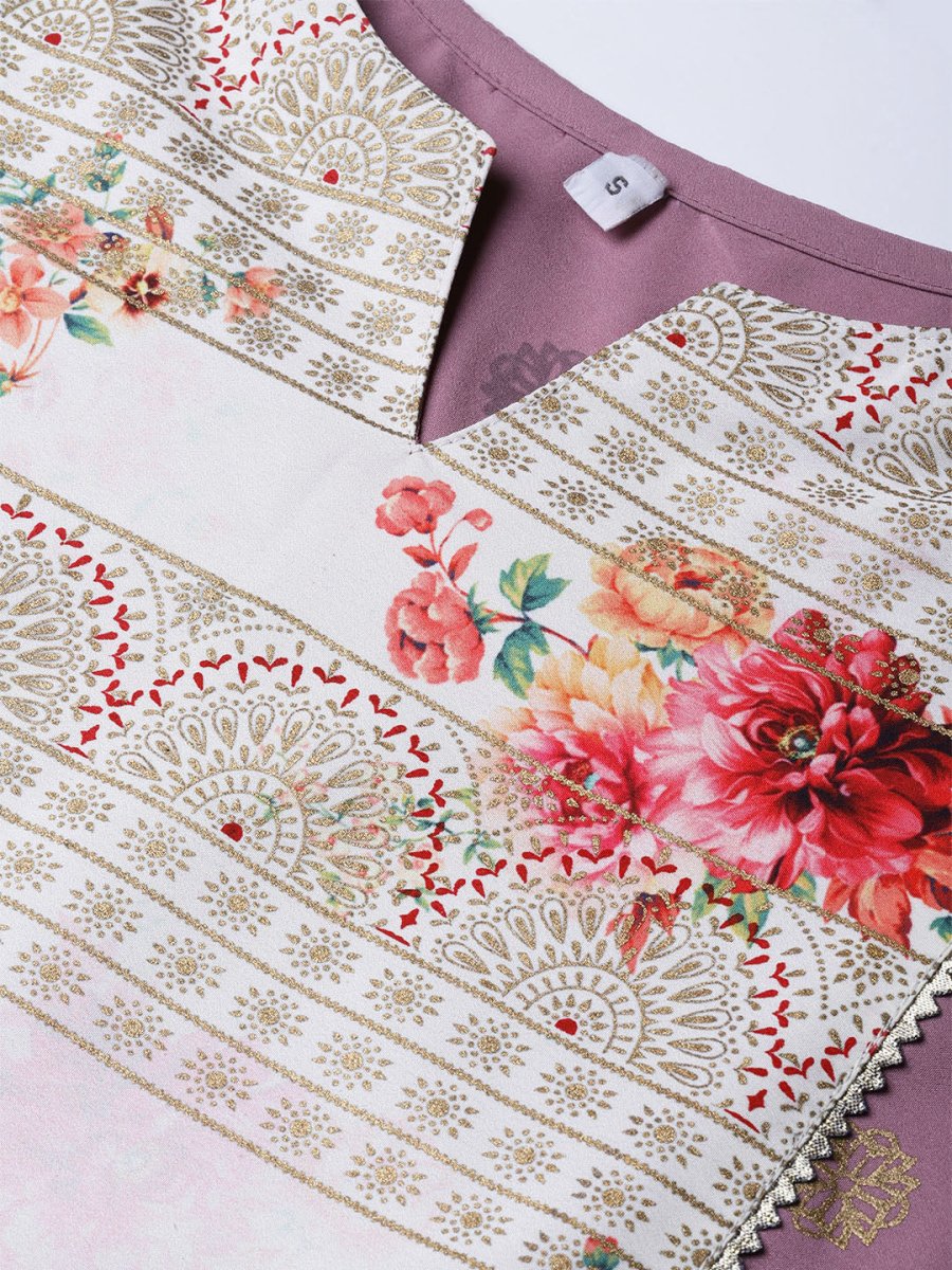 Ahalyaa Women Mauve & Cream-Coloured Printed Kurta with Palazzos & Dupatta