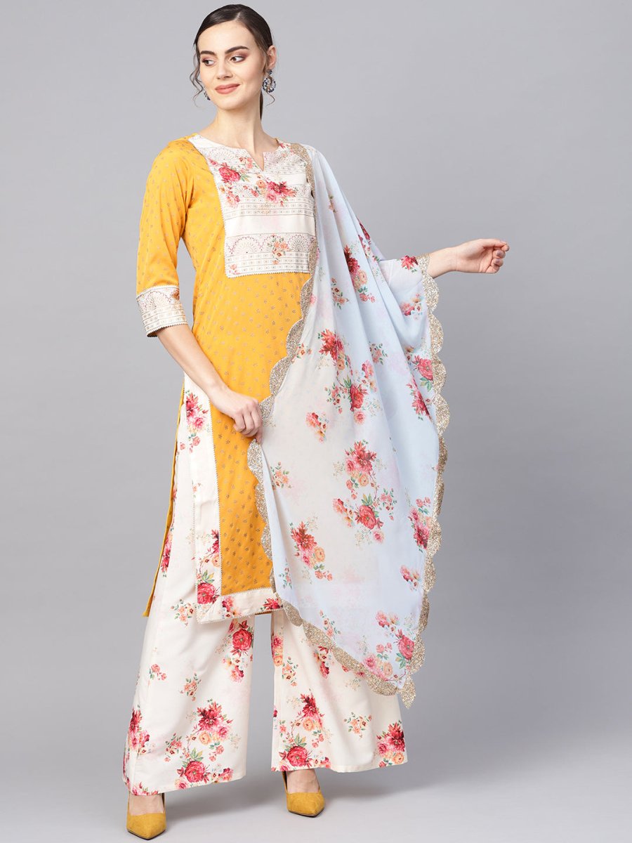 Ahalyaa Mustard Yellow & Cream-Coloured Printed Kurta with Palazzos & Dupatta