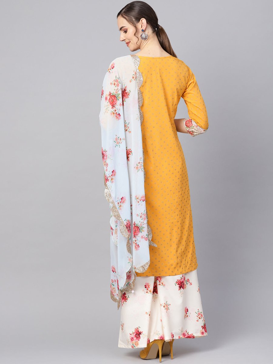 Ahalyaa Mustard Yellow & Cream-Coloured Printed Kurta with Palazzos & Dupatta