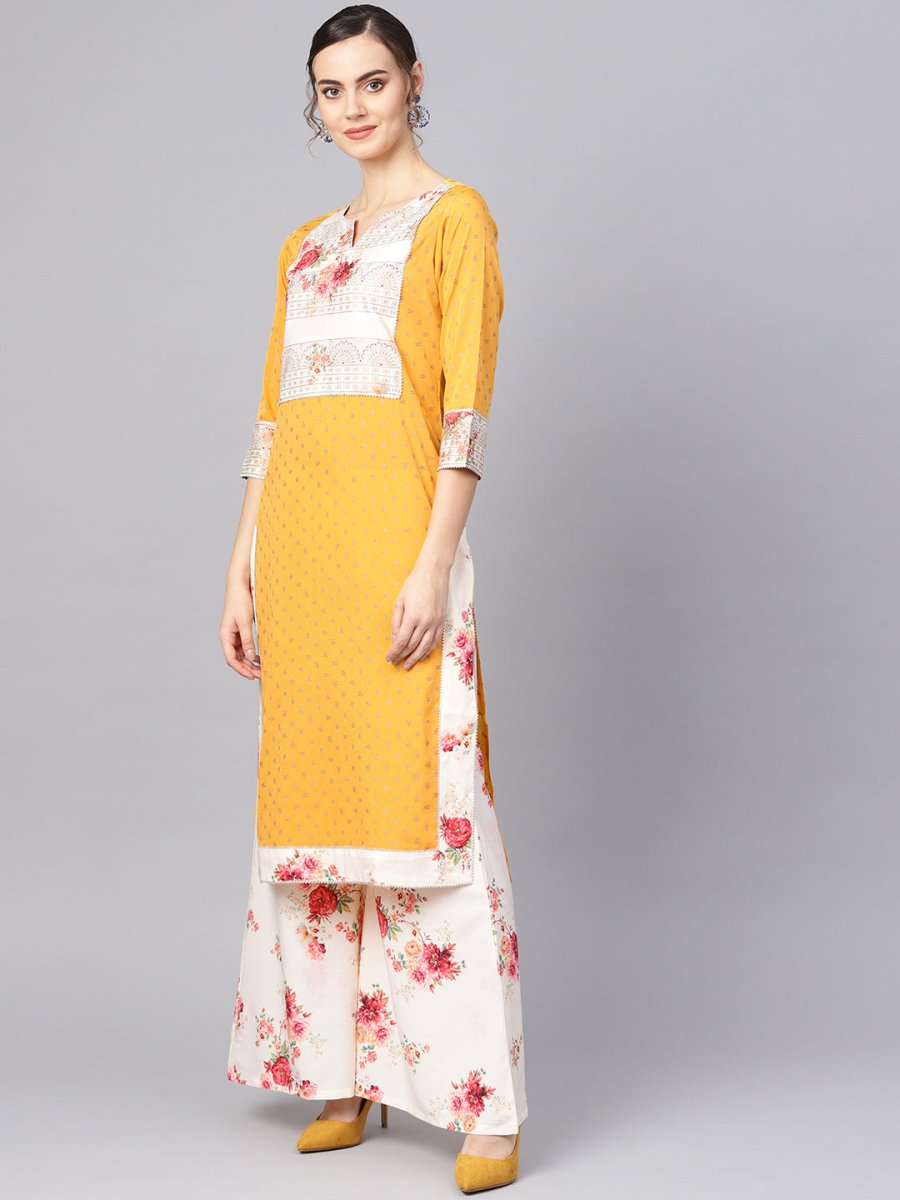 Ahalyaa Mustard Yellow & Cream-Coloured Printed Kurta with Palazzos & Dupatta