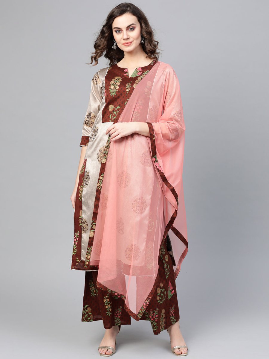 Ahalyaa Grey & Coffee Brown Printed Kurta with Palazzo & Dupatta