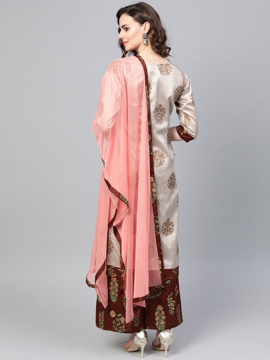 Ahalyaa Grey & Coffee Brown Printed Kurta with Palazzo & Dupatta