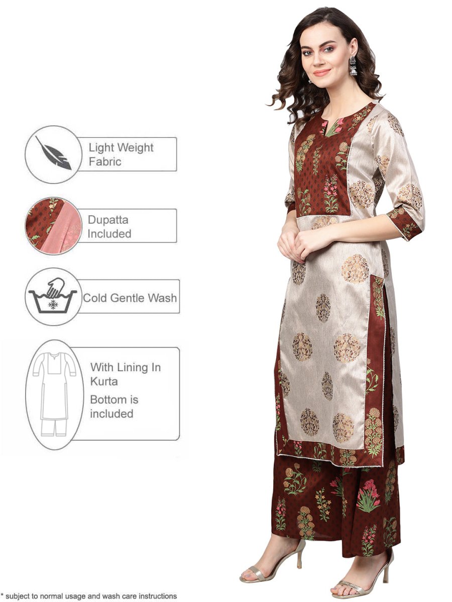 Ahalyaa Grey & Coffee Brown Printed Kurta with Palazzo & Dupatta