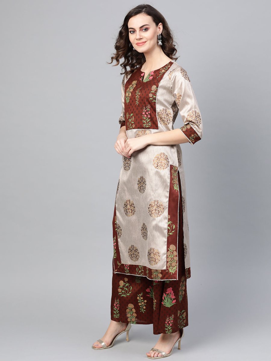 Ahalyaa Grey & Coffee Brown Printed Kurta with Palazzo & Dupatta
