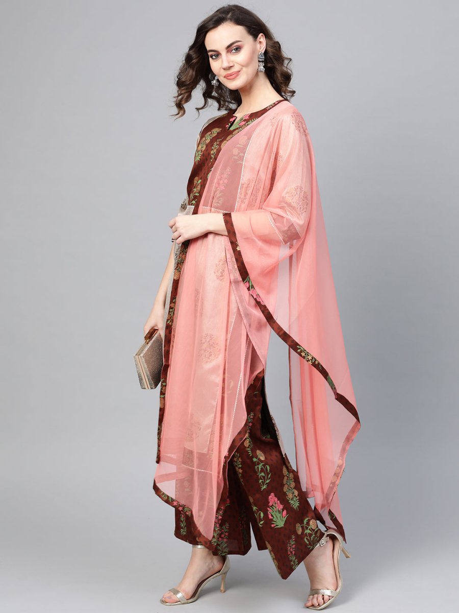 Ahalyaa Grey & Coffee Brown Printed Kurta with Palazzo & Dupatta