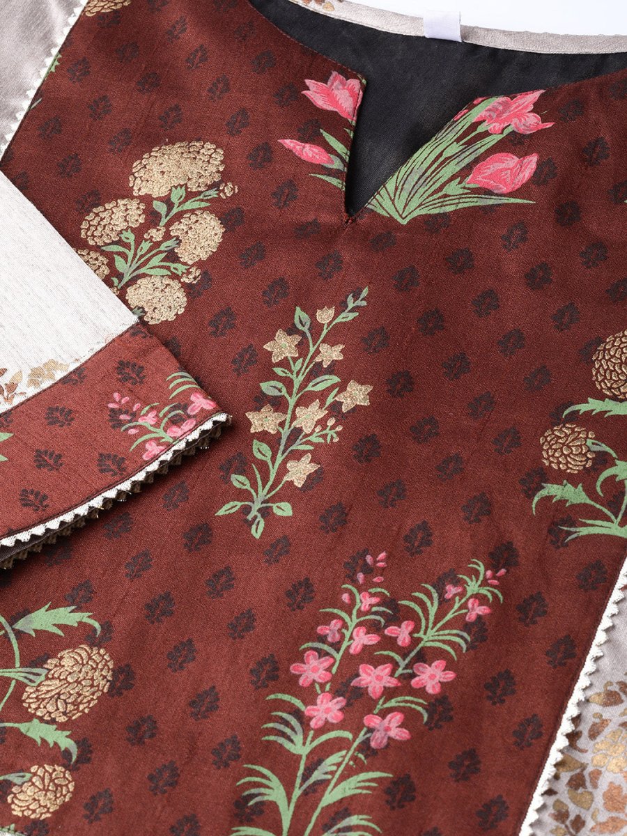 Ahalyaa Grey & Coffee Brown Printed Kurta with Palazzo & Dupatta