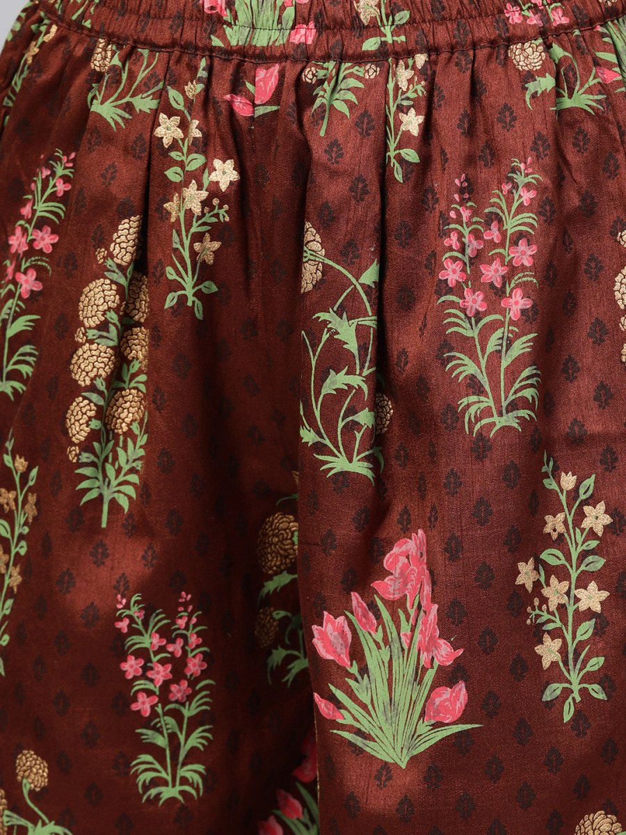 Ahalyaa Grey & Coffee Brown Printed Kurta with Palazzo & Dupatta