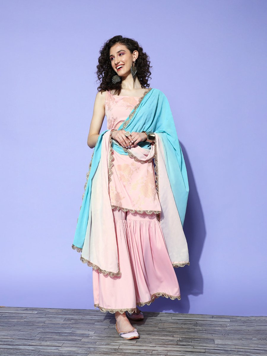 Ahalyaa Pink Floral Printed Regular Kurti With Sharara & With Dupatta
