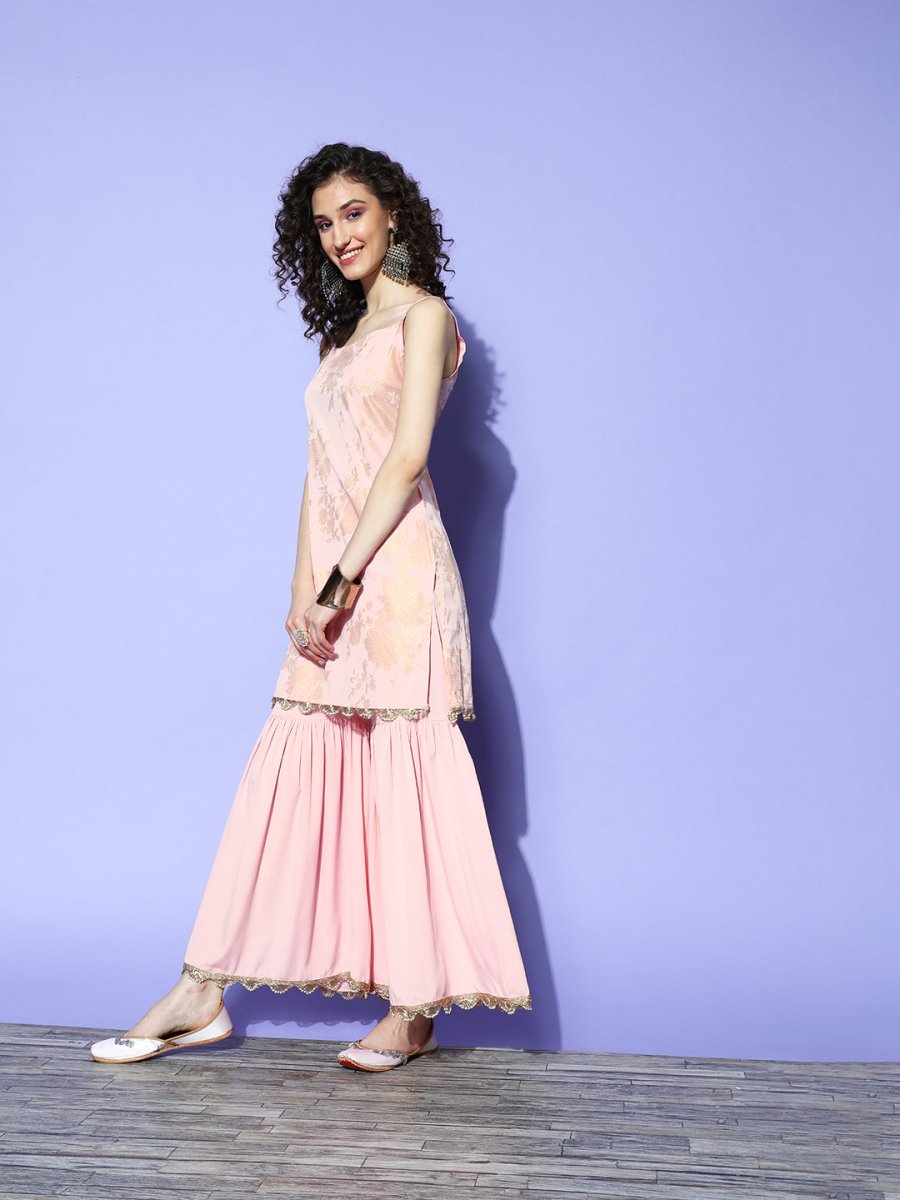 Ahalyaa Pink Floral Printed Regular Kurti With Sharara & With Dupatta