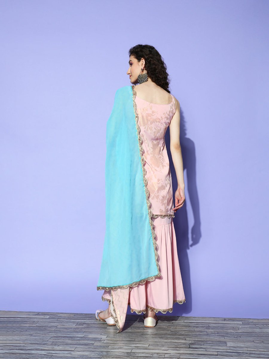 Ahalyaa Pink Floral Printed Regular Kurti With Sharara & With Dupatta