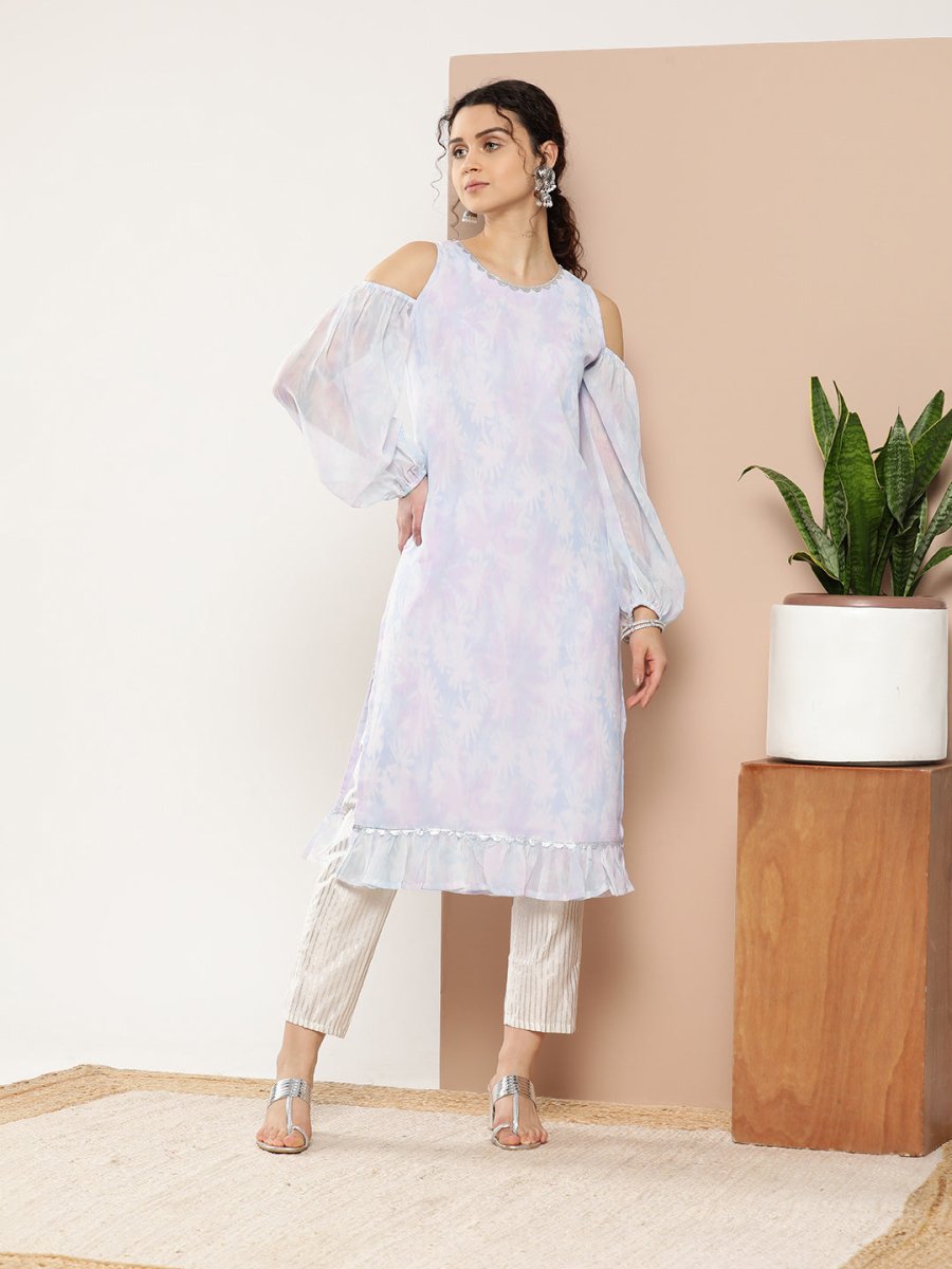 Ahalyaa Women Blue & White Floral Printed Cold-Shoulder Sleeves Gotta Patti Georgette Kurta