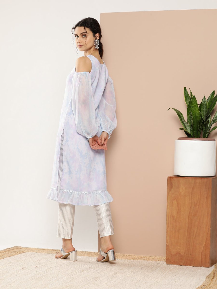 Ahalyaa Women Blue & White Floral Printed Cold-Shoulder Sleeves Gotta Patti Georgette Kurta