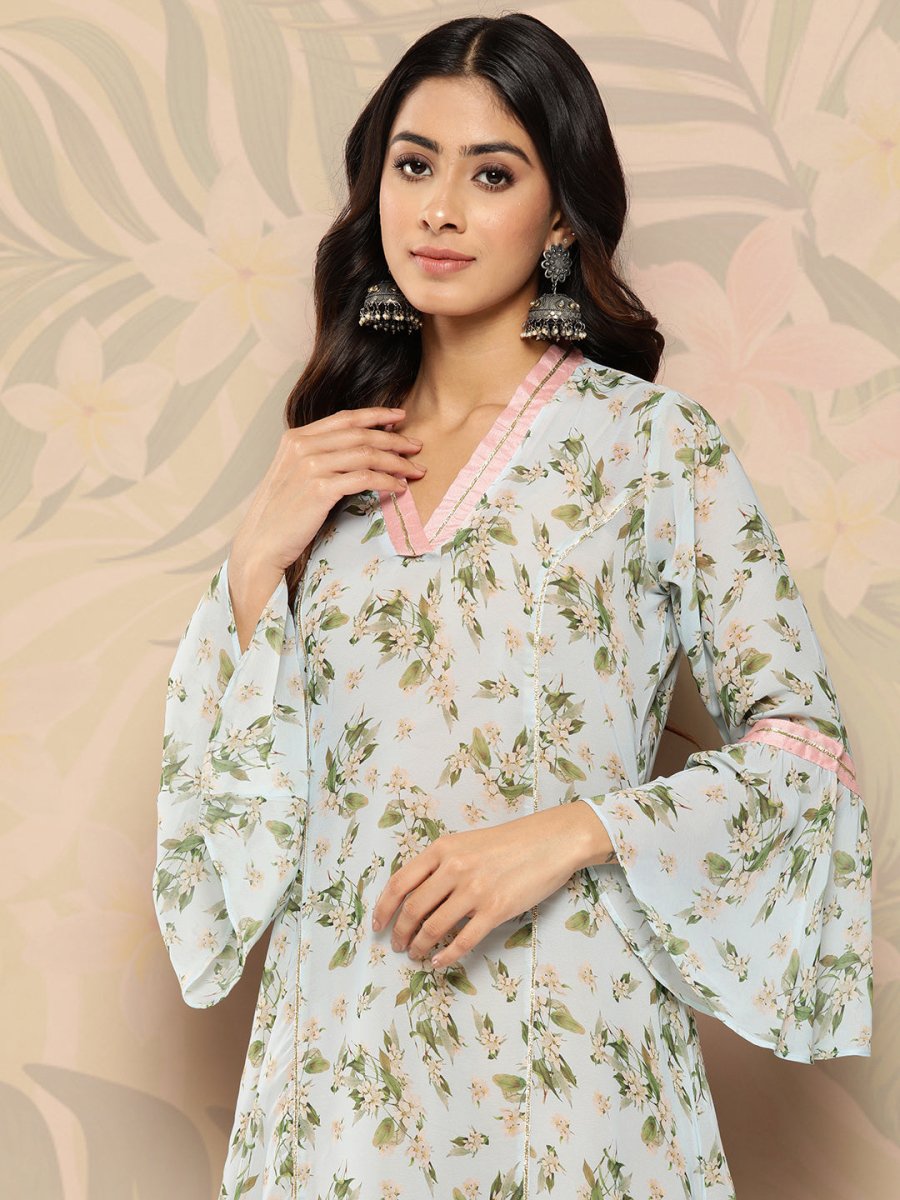 Ahalyaa Floral Printed Bell Sleeves Gotta Patti Georgette Kurta