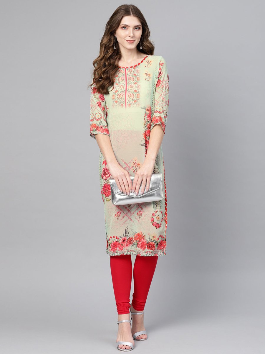 Ahalyaa Green & Coral Pink Floral Print Straight Kurta