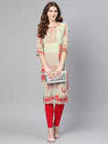 Ahalyaa Green & Coral Pink Floral Print Straight Kurta