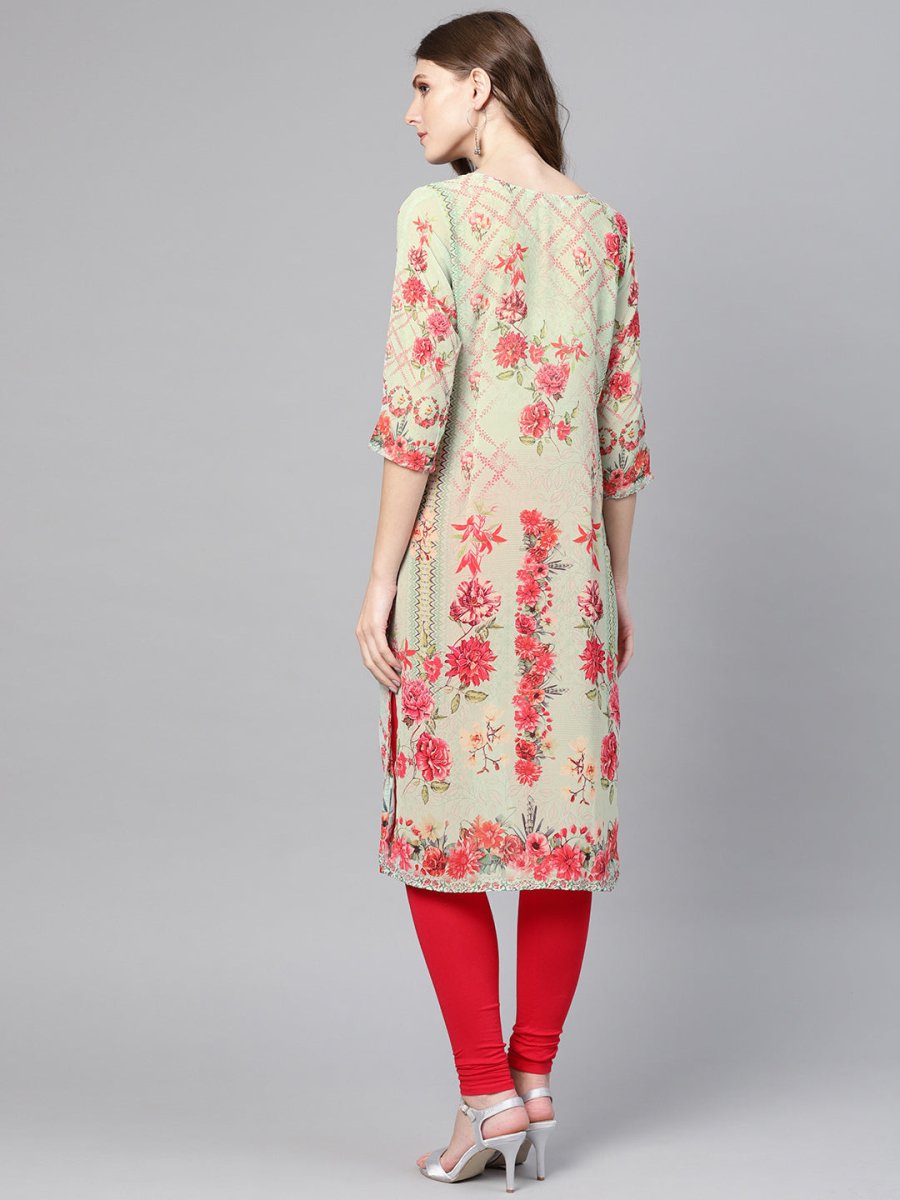 Ahalyaa Green & Coral Pink Floral Print Straight Kurta