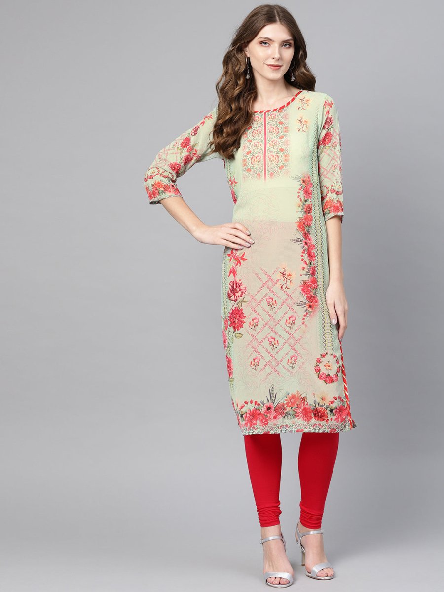 Ahalyaa Green & Coral Pink Floral Print Straight Kurta