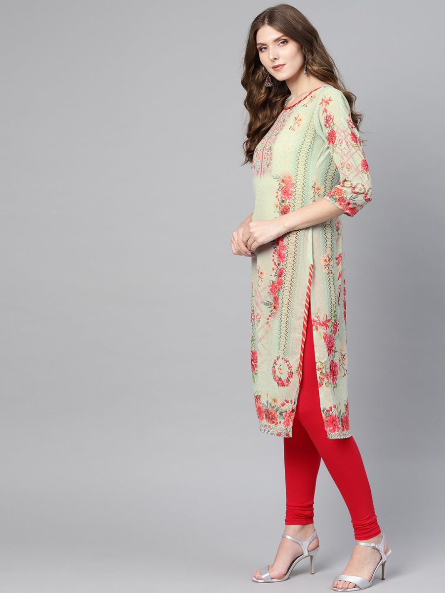 Ahalyaa Green & Coral Pink Floral Print Straight Kurta
