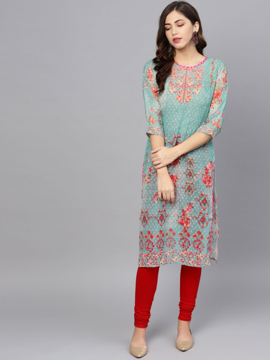 Ahalyaa Women Sea Green & Red Printed Straight Kurta