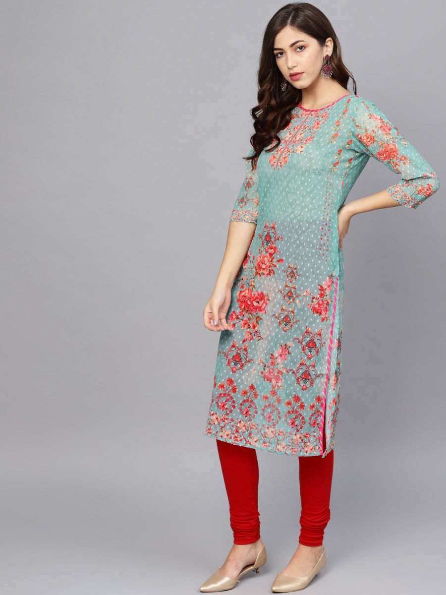 Ahalyaa Women Sea Green & Red Printed Straight Kurta