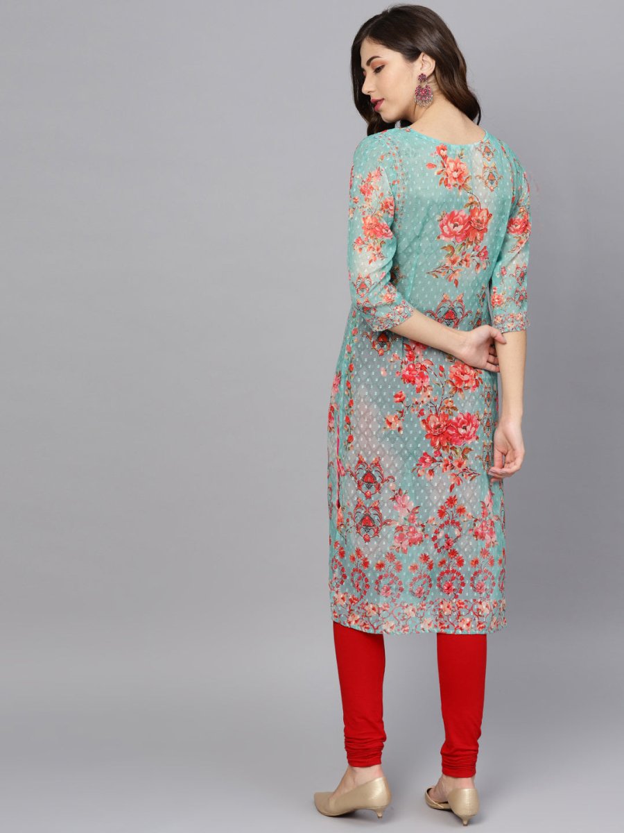 Ahalyaa Women Sea Green & Red Printed Straight Kurta