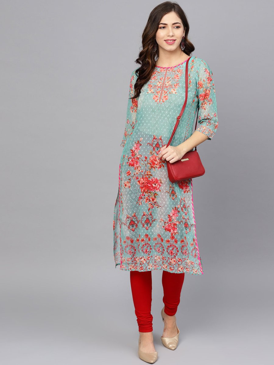 Ahalyaa Women Sea Green & Red Printed Straight Kurta