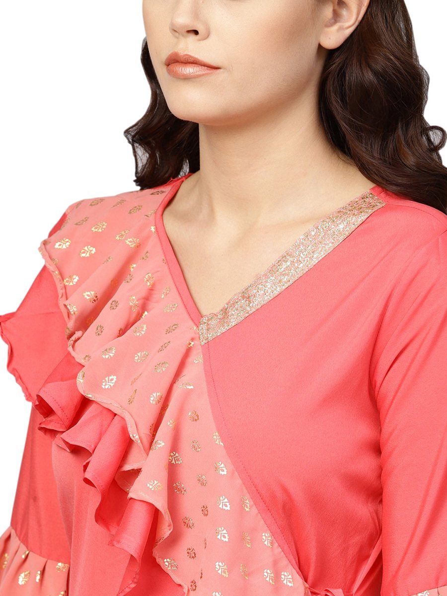 Ahalyaa Women Coral Pink Solid Ruffle Detail Angrakha Beautiful Kurta